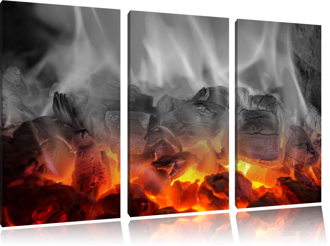 Pixxprint brennende Holzkohle in Kamin als Leinwandbild | Grösse: 3 Teilig (120x80) | Wandbild| Kuns