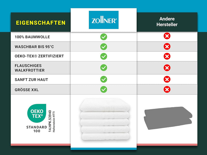ZOLLNER 5er Set Badehandtücher, Duschtücher, 100x150 cm, Baumwolle, weiss, 5er Set