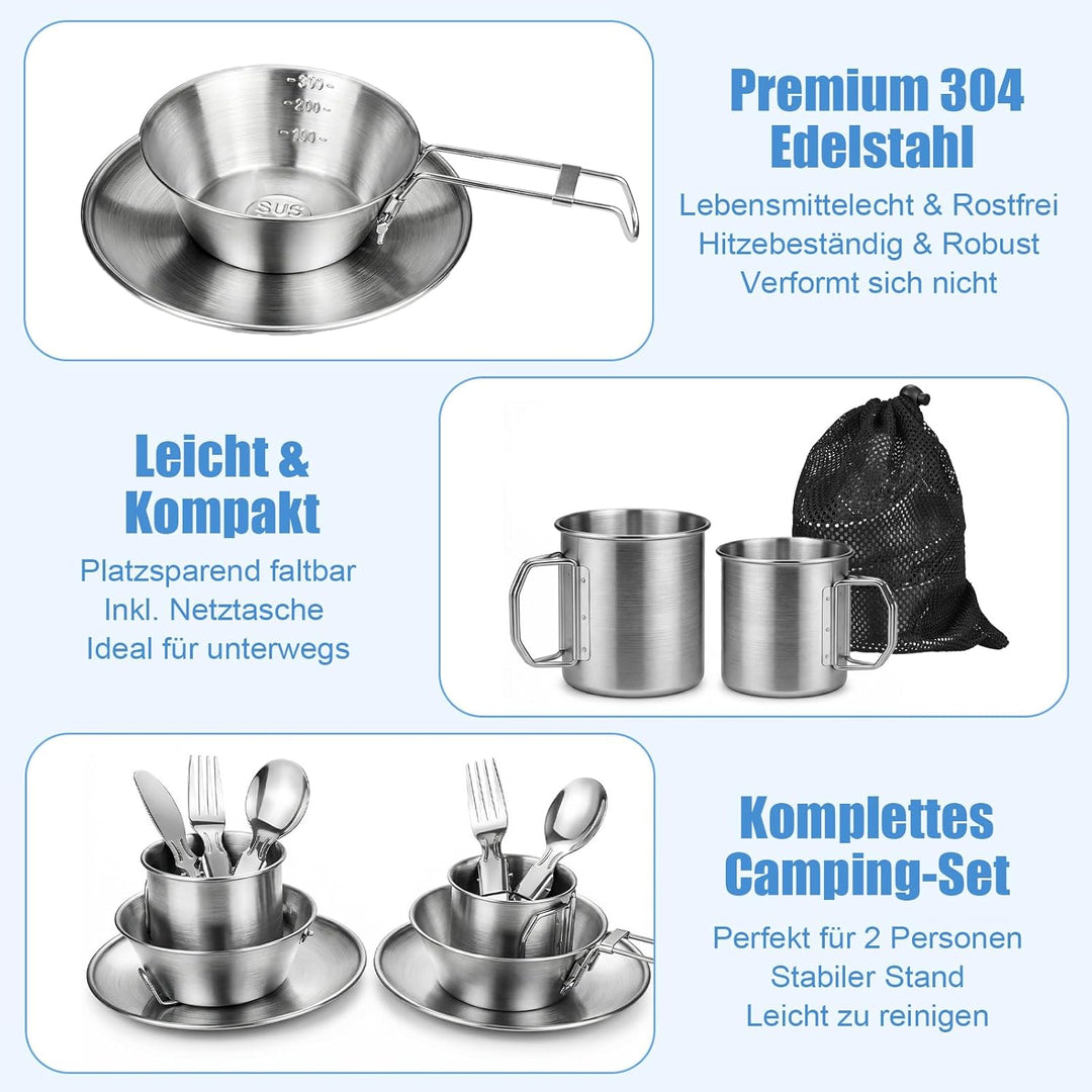 Campingbesteck Set für 2 Personen - Camping Geschirr Set mit Edelstahl Faltbares Klappbesteck &amp; Etui