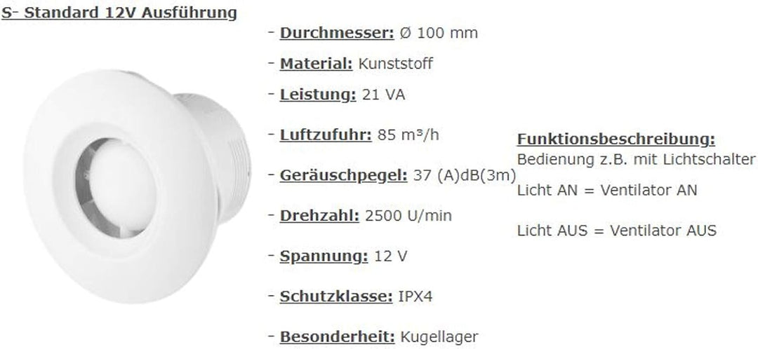 VONLIS Badlüfter Ventilator Wand Decke Niederspannung rund Ø 100 mm Standard 12 Volt, Ø 100 mm Stand