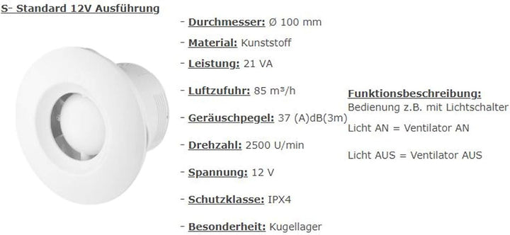 VONLIS Badlüfter Ventilator Wand Decke Niederspannung rund Ø 100 mm Standard 12 Volt, Ø 100 mm Stand