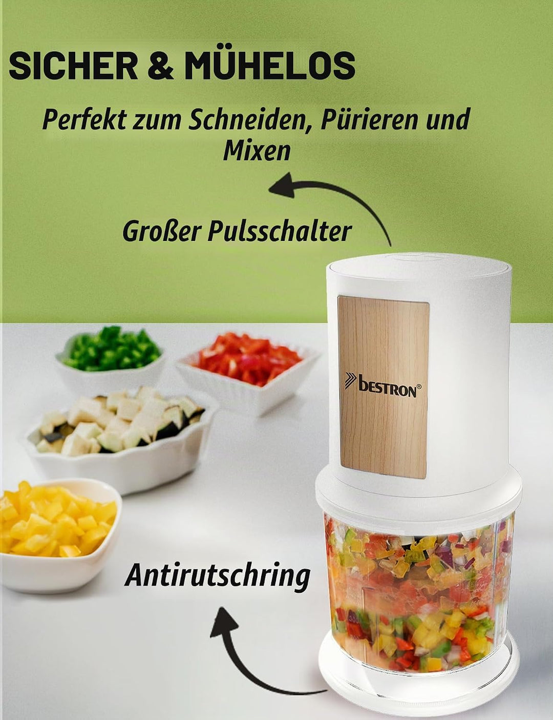 Bestron elektrischer Multi-Zerkleinerer, Universalzerkleinerer mit zwei Schneidemessern &amp; 500ml Kapa