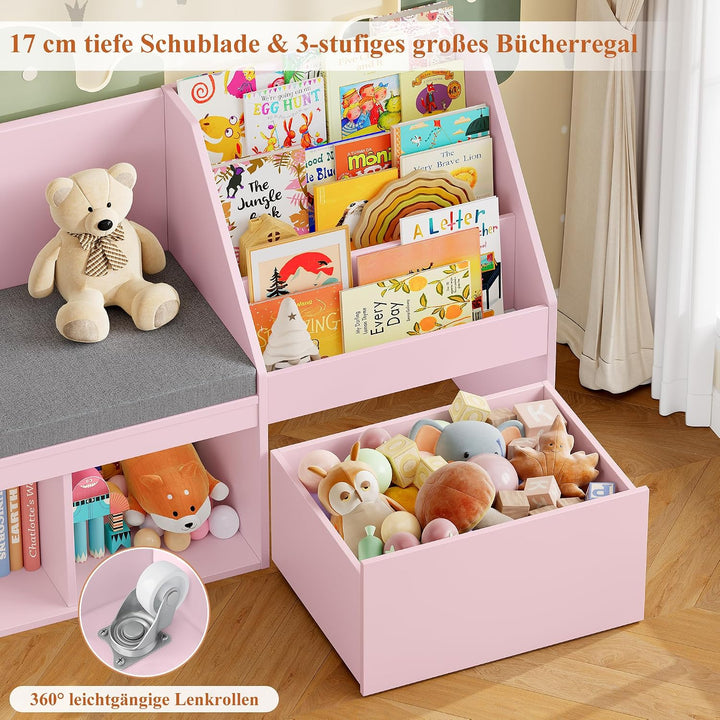 HOCSOK 125 cm Kinderregal, Bücherregal Kinder mit Sitzbank, MDF-Platte Rosa, Rosa
