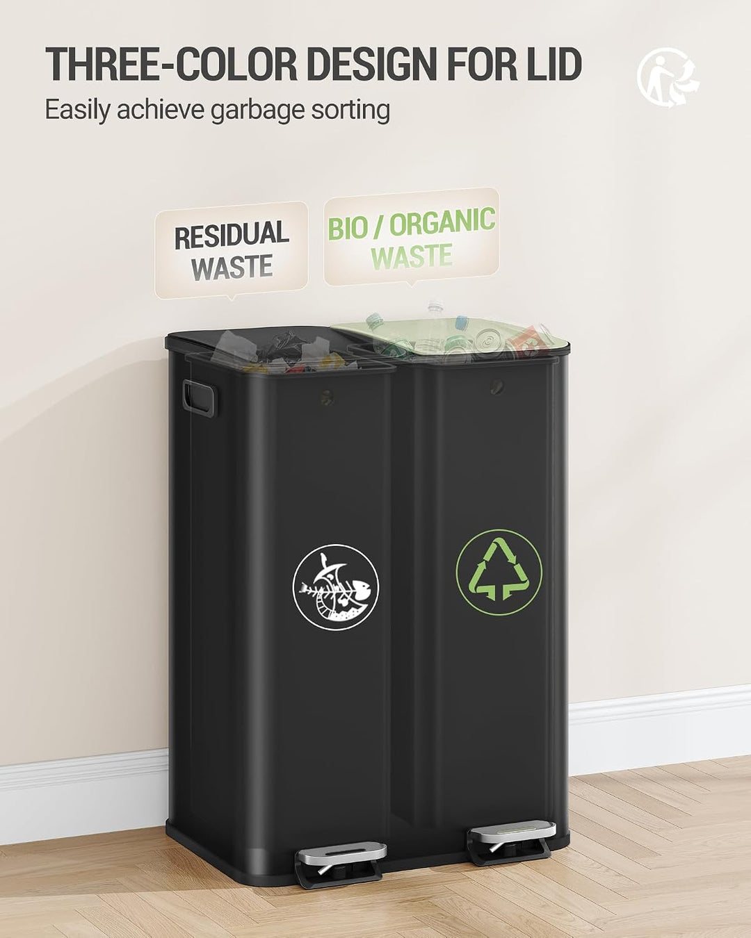 Hzuaneri Mülleimer Küche, 2 x 30 L, Mülltrennsystem 2 Fächer, Mülleimer mit Farbigem Soft-Close-Deck