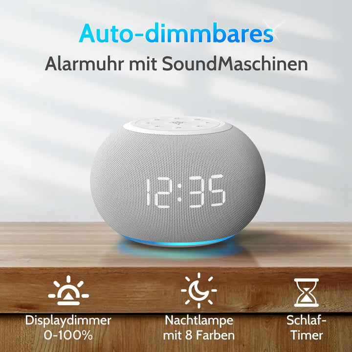 REACHER Auto-Dimmable Sound Machine Wecker mit Nachtlicht, 20 beruhigende Klänge, LED-Digitalanzeige