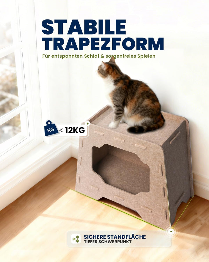 Katzenhöhle Filz Katzenhaus aus Filz für grosse Katzen, Katzen Höhle 2-Ebenen, Trapezform Stabiles K