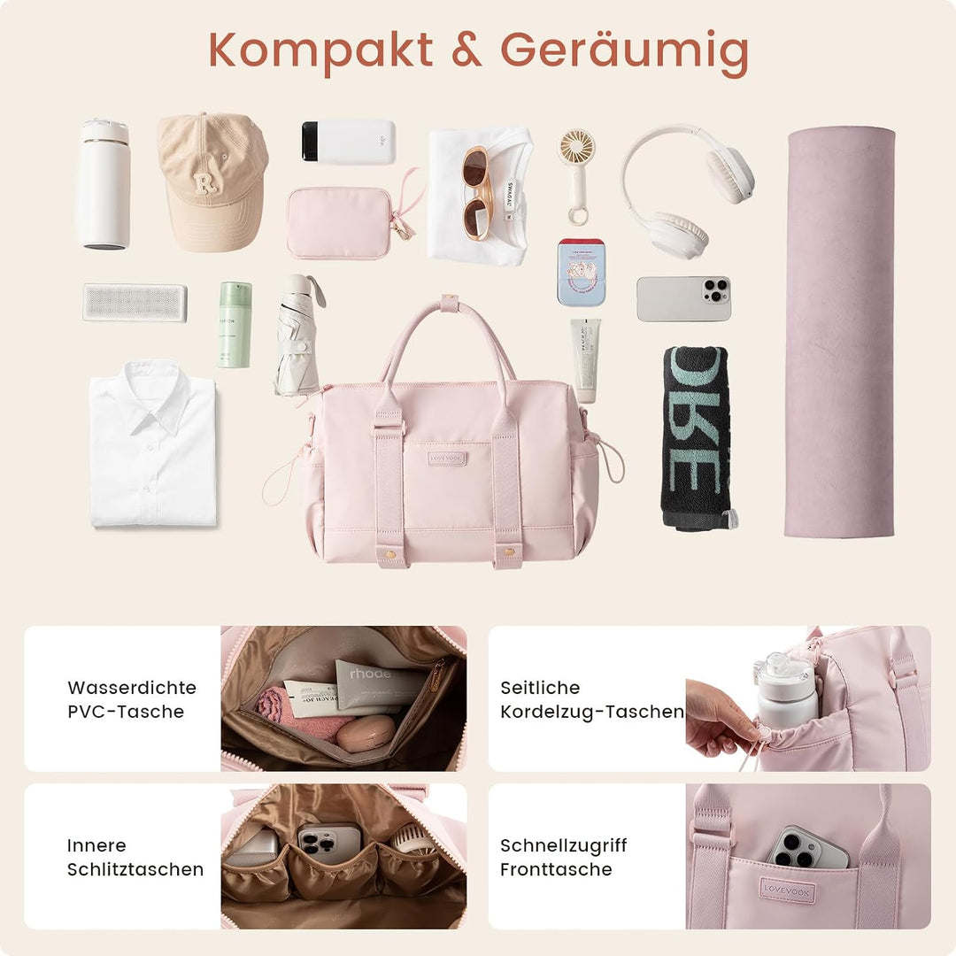 LOVEVOOK Sporttasche Damen, Kleine Reisetasche, Kliniktasche Geburt Rosa 14,5 Zoll – 2er-Set, Rosa 1