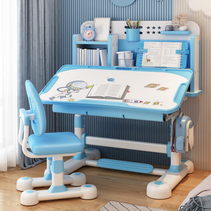 2Pcs/Set Kids Study Desk Chair Set, Height Adjustable Children School Study Table Chair Set with Sit