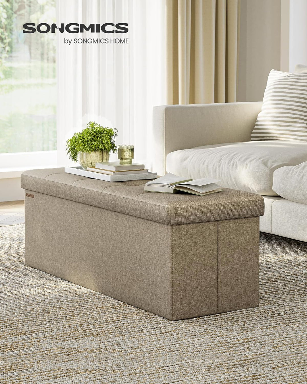 SONGMICS Sitzhocker mit Stauraum, klappbare Sitzbank, 38 x 110 x 38 cm Fussbank, Aufbewahrungsbox, b