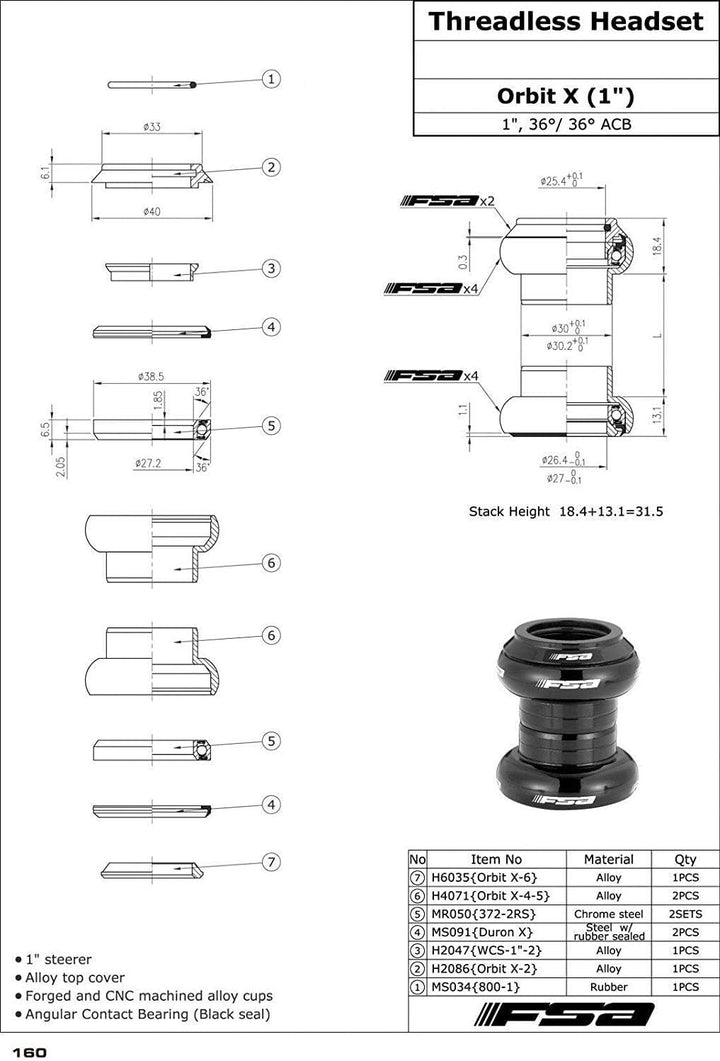 FSA Orbit X XTE1663 Headset, gewindelos, 2,5 cm, silberfarben