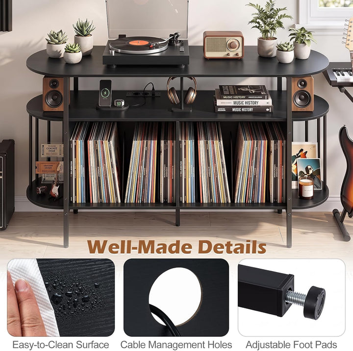 COSTWAY Plattenspieler Regal mit Steckdose &amp; LED Beleuchtung (Schwarz), Schwarz