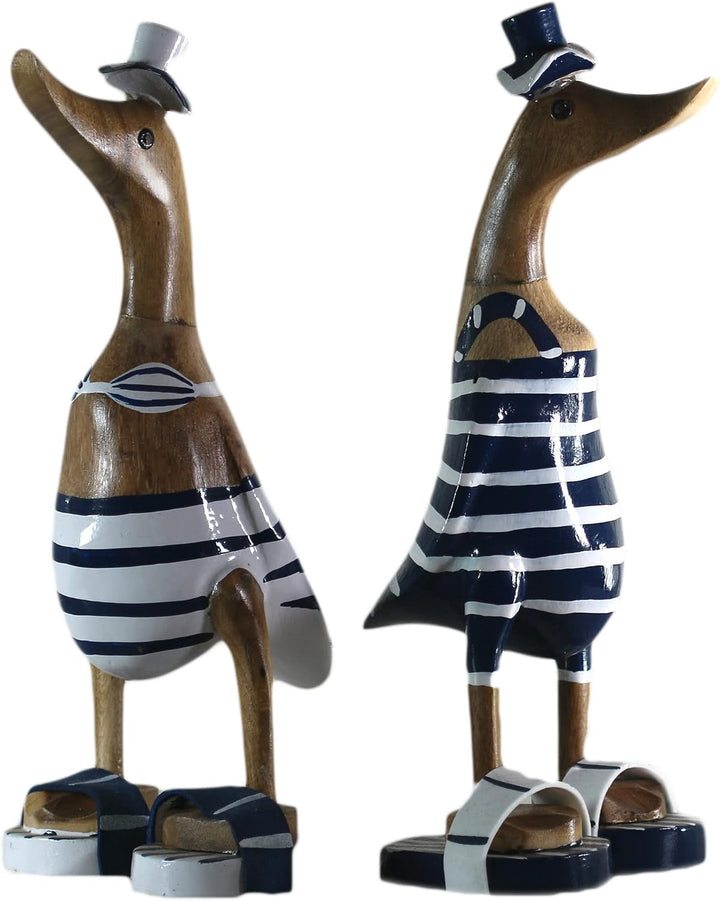 ART-CRAFT 2X Holz Ente Lauf Ente Gartendeko Figur aus Bambus Wurzel und Teak Holz blau Bikini Paar h