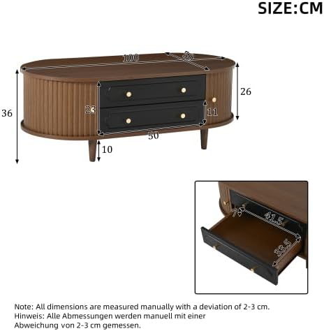 Merax Wohnzimmer Couchtisch – Walnussholz + Schwarz, 100 x 50 x 36 cm, 2 Rolltüren, 2 Schubladen, Be