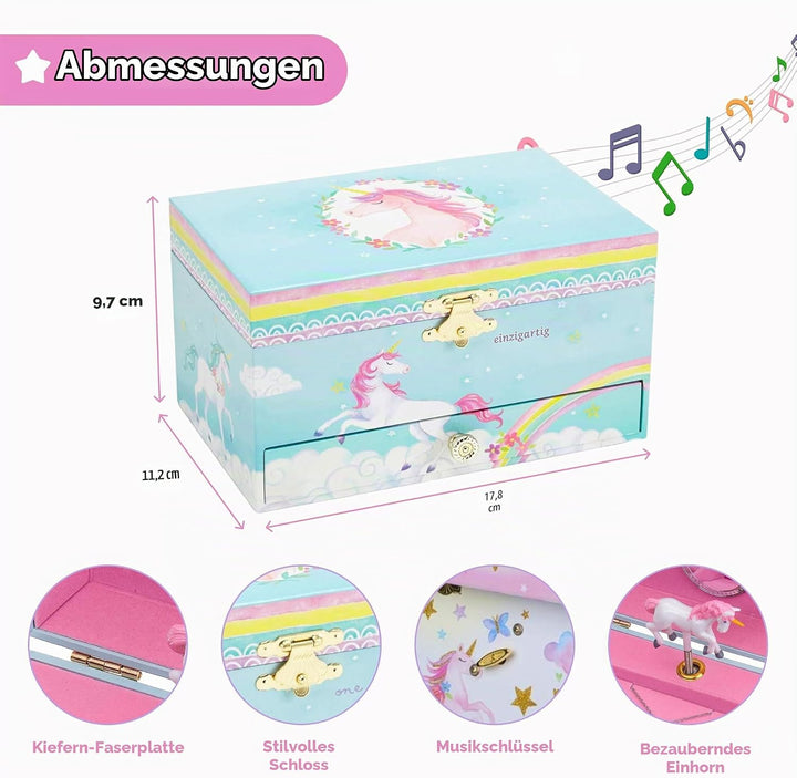 Jewelkeeper Einhorn Spieluhr &amp; Schmuckset für kleine Mädchen - Edelstahl - 3 Einhorngeschenke für Mä