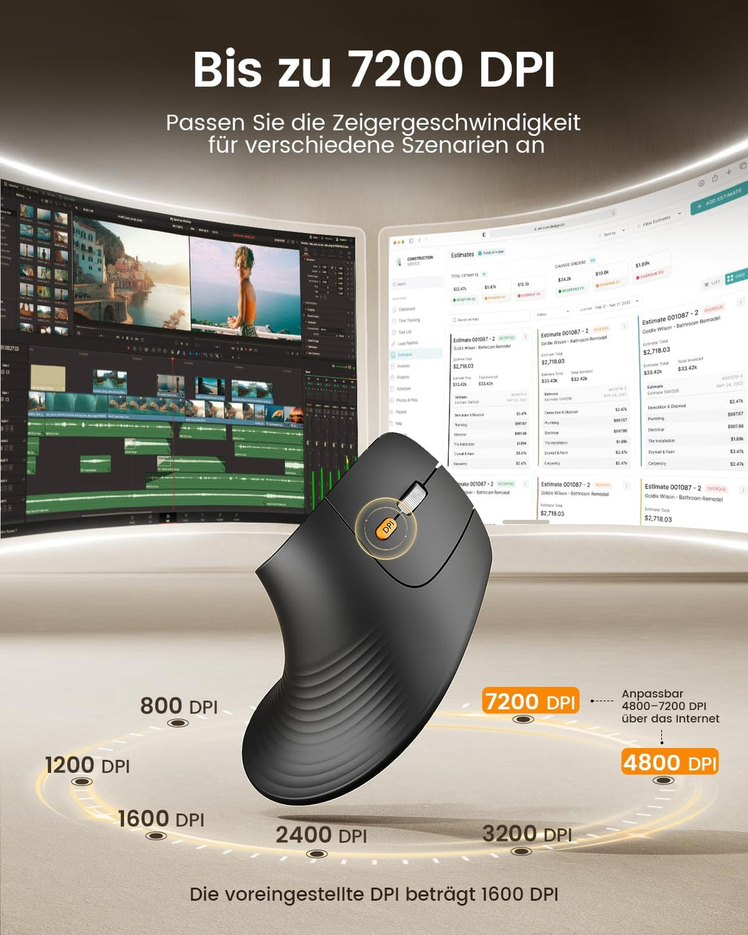 ProtoArc EM11 Pro Ergonomische Vertikale Maus mit Seitenscroll, Anpassbare Tasten, 2*Bluetooth + 2,4