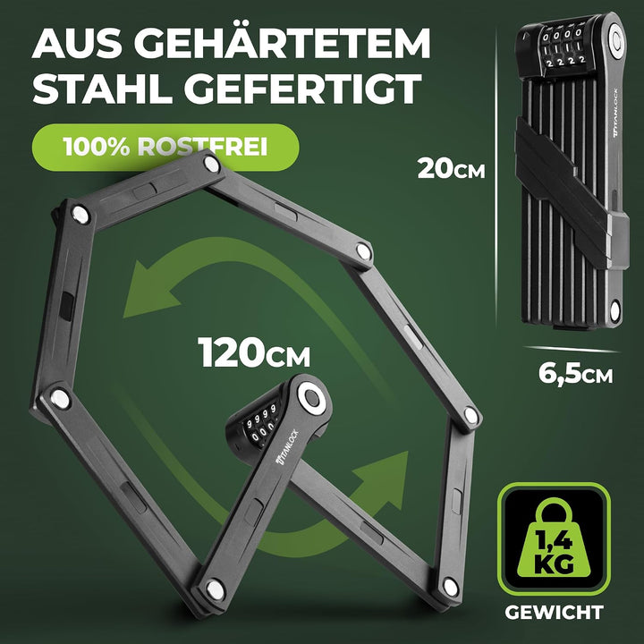 TITANLOCK Fahrradschloss Faltschloss 120 cm Diebstahlsicher [Individueller Pin] Zahlenschloss Schnel