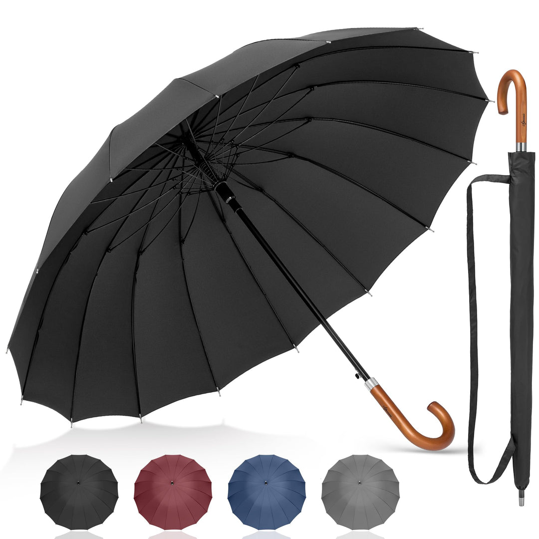 NINEMAX Regenschirm Stockschirm Sturmfest für Herren Damen, Grosser Regenschirm Holzgriff, Classic S