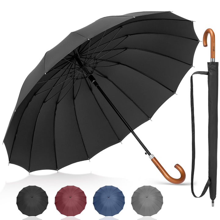 NINEMAX Regenschirm Stockschirm Sturmfest für Herren Damen, Grosser Regenschirm Holzgriff, Classic S