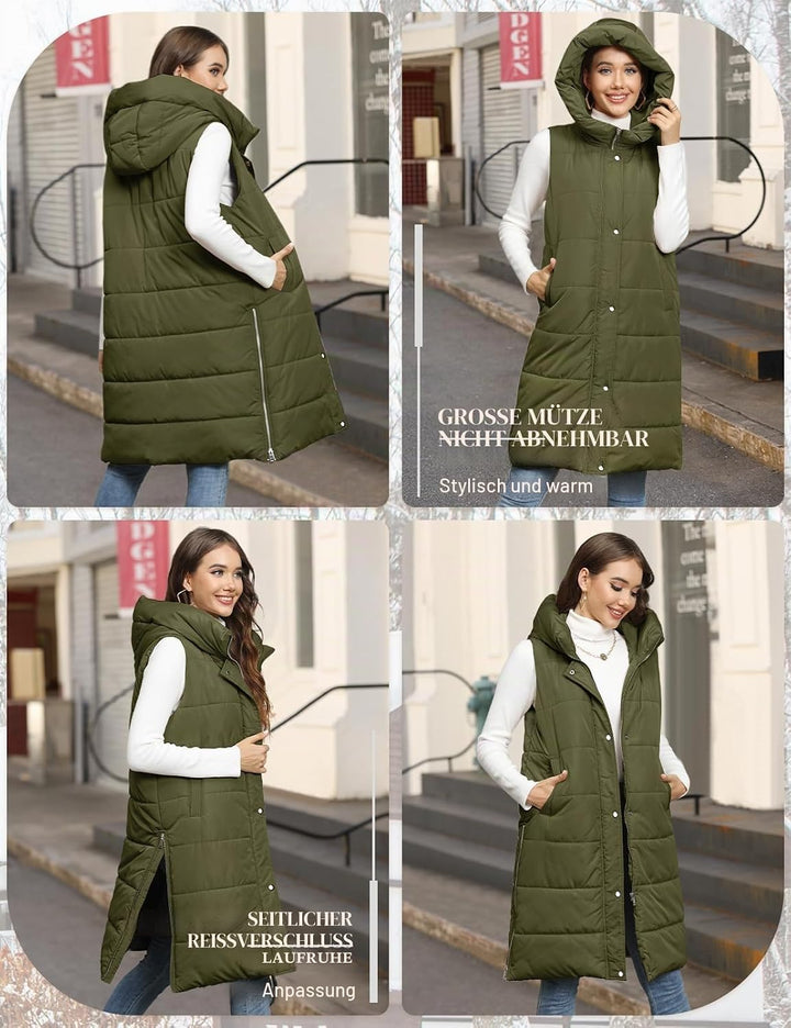 Yuson Girl Lange Jacke Weste für Damen Ärmellose Kapuzenweste Steppweste Damen Lang Winteroberbeklei