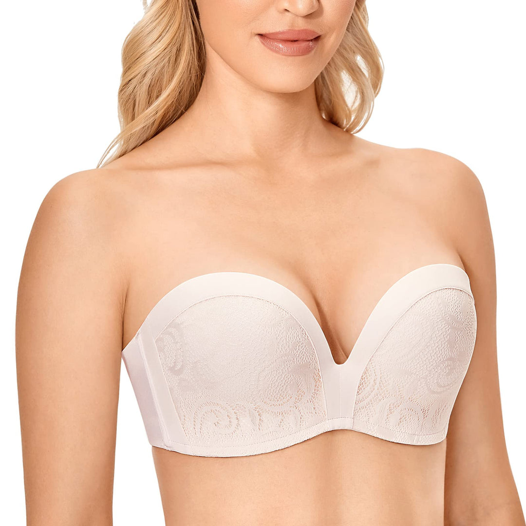 DELIMIRA Damen Push Up Trägerloser BH Spitze Grosse Grössen BHS mit Gemoldete Cups 85G Rose White, 8