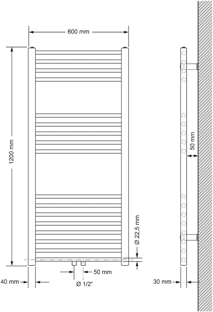 ECD Germany Badheizkörper Mittelanschluss 600 x 1200 mm Weiss gerade mit Thermostat und Anschlussgar