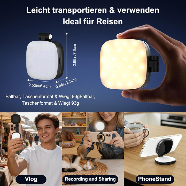 Magnetisches Selfie Licht mit Spiegel, Handy Licht 900mAh, 360° LED Ring Fülllicht kompatibel mit iP