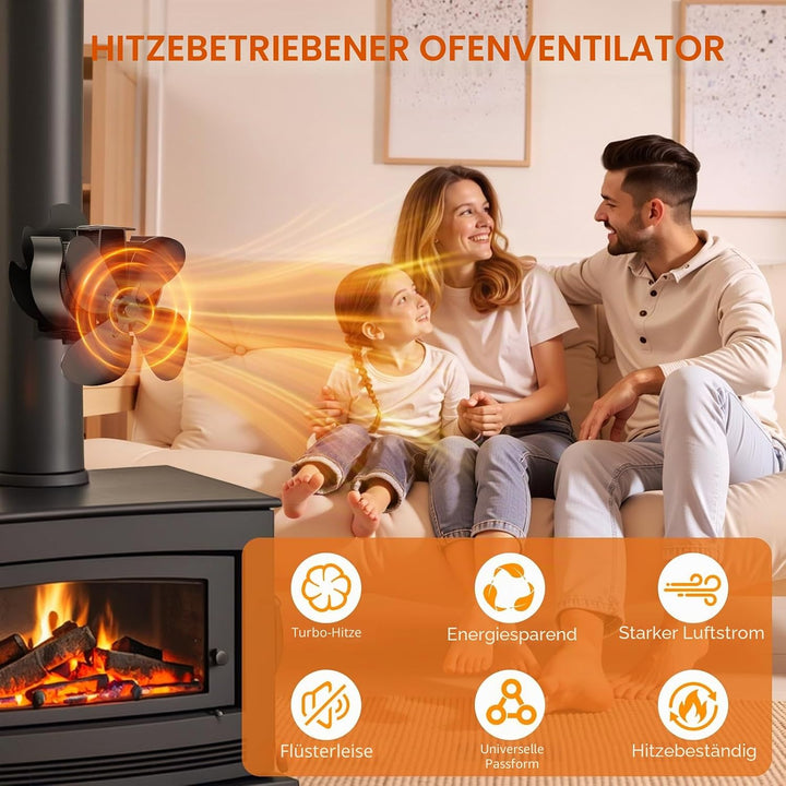 Kaminventilator 6 Flügel Ofenventilator Ohne Strom, Holzofenventilator Leiser Betrieb, Angetrieb The