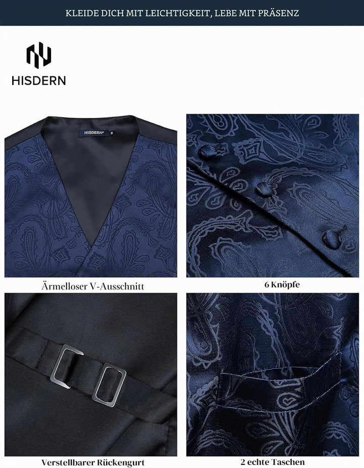 HISDERN Herren FLoral Hochzeit Weste Krawatte Einstecktuch Taschentuch Jacquard Weste Anzug Set 6XL