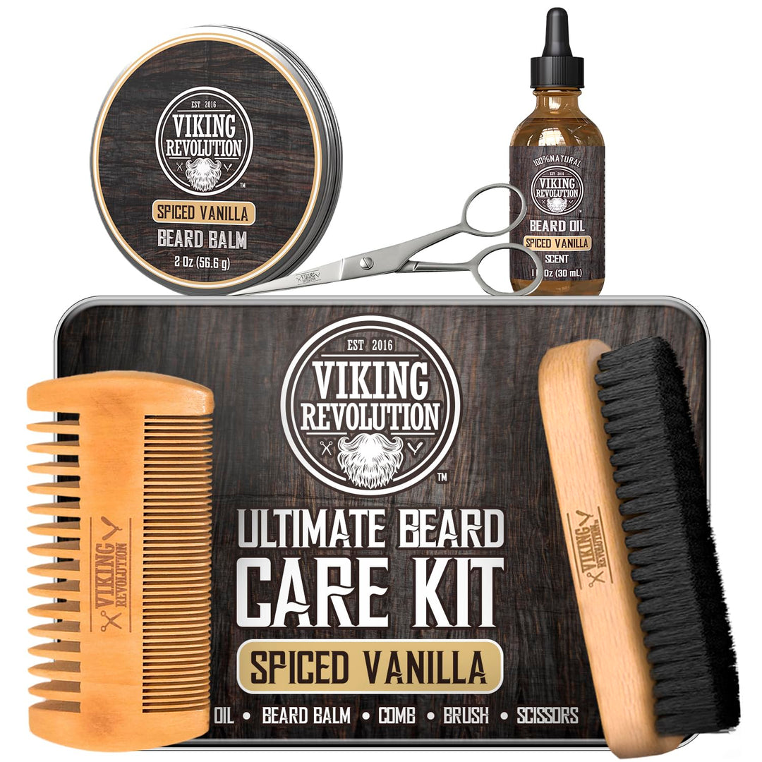Viking Revolution - Ultimate Beard Kit Spiced Vanilla - Beard Grooming Kit for Men with Beard Brush,