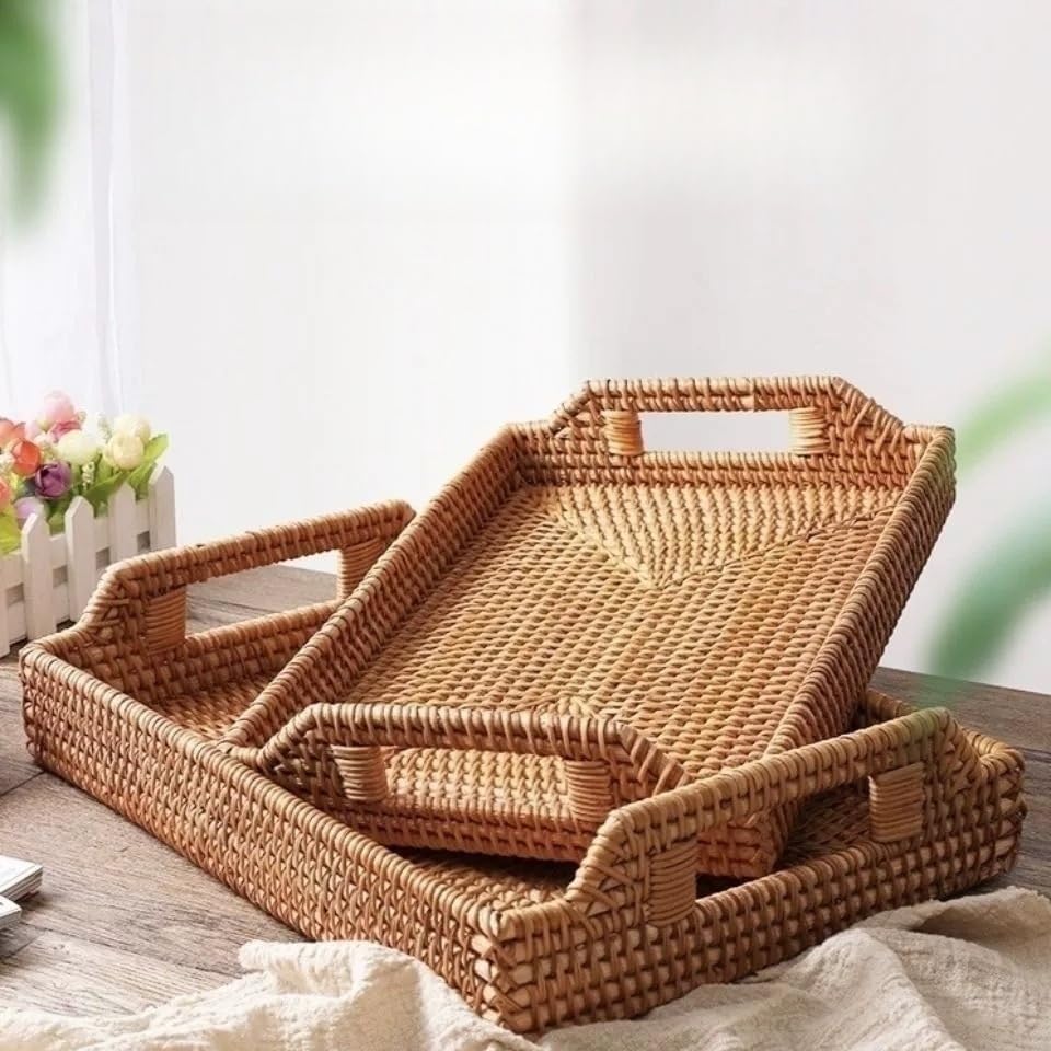 XIMISISE Rechteckige Rattan Serviertablett, Handgewebtes Serviertablett mit Griffen, Wicker Servierk