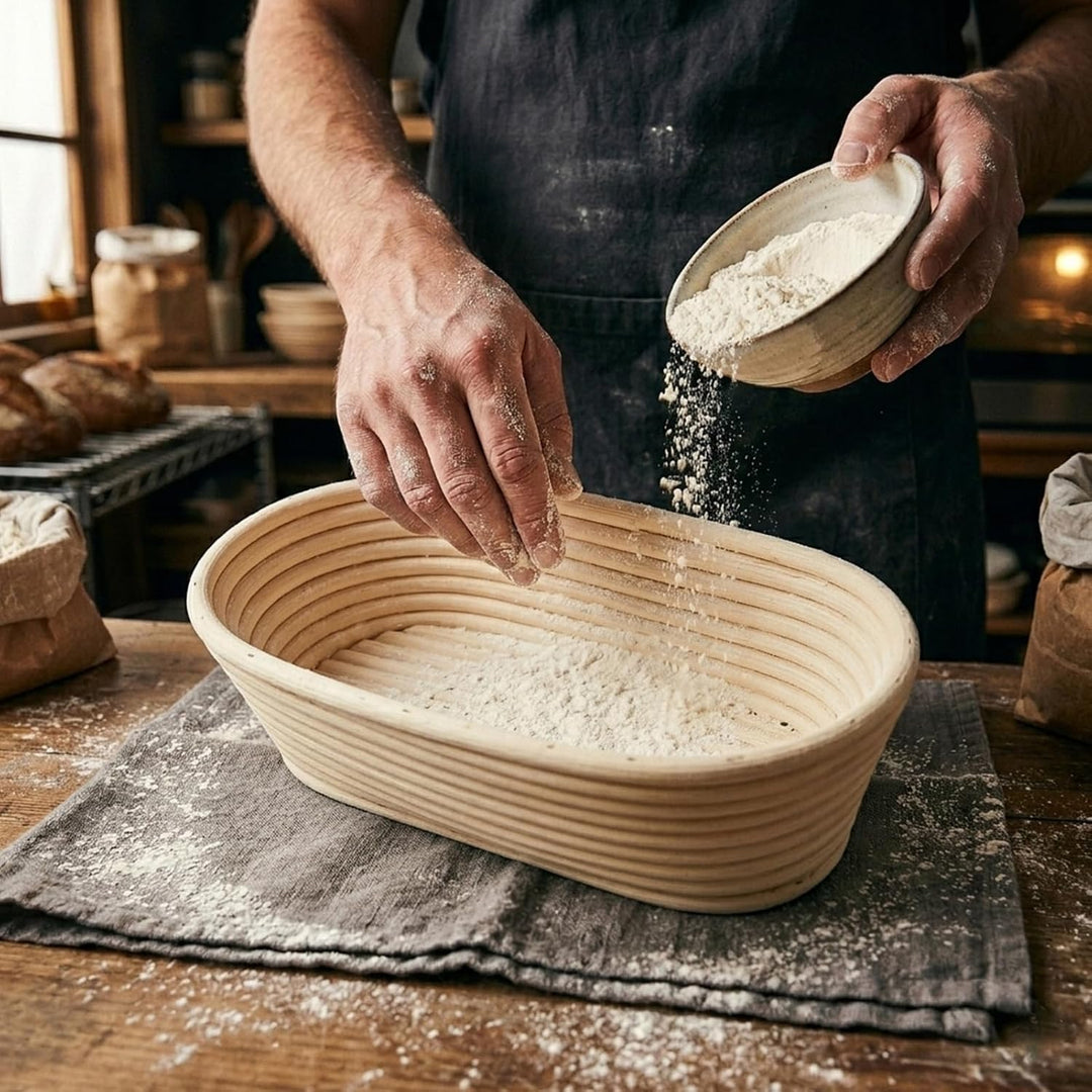 Gärkörbchen Oval, 25cm Gärkorb mit Leinen-Einlage und Teigschaber, Indonesisches Handgewebtes Rattan
