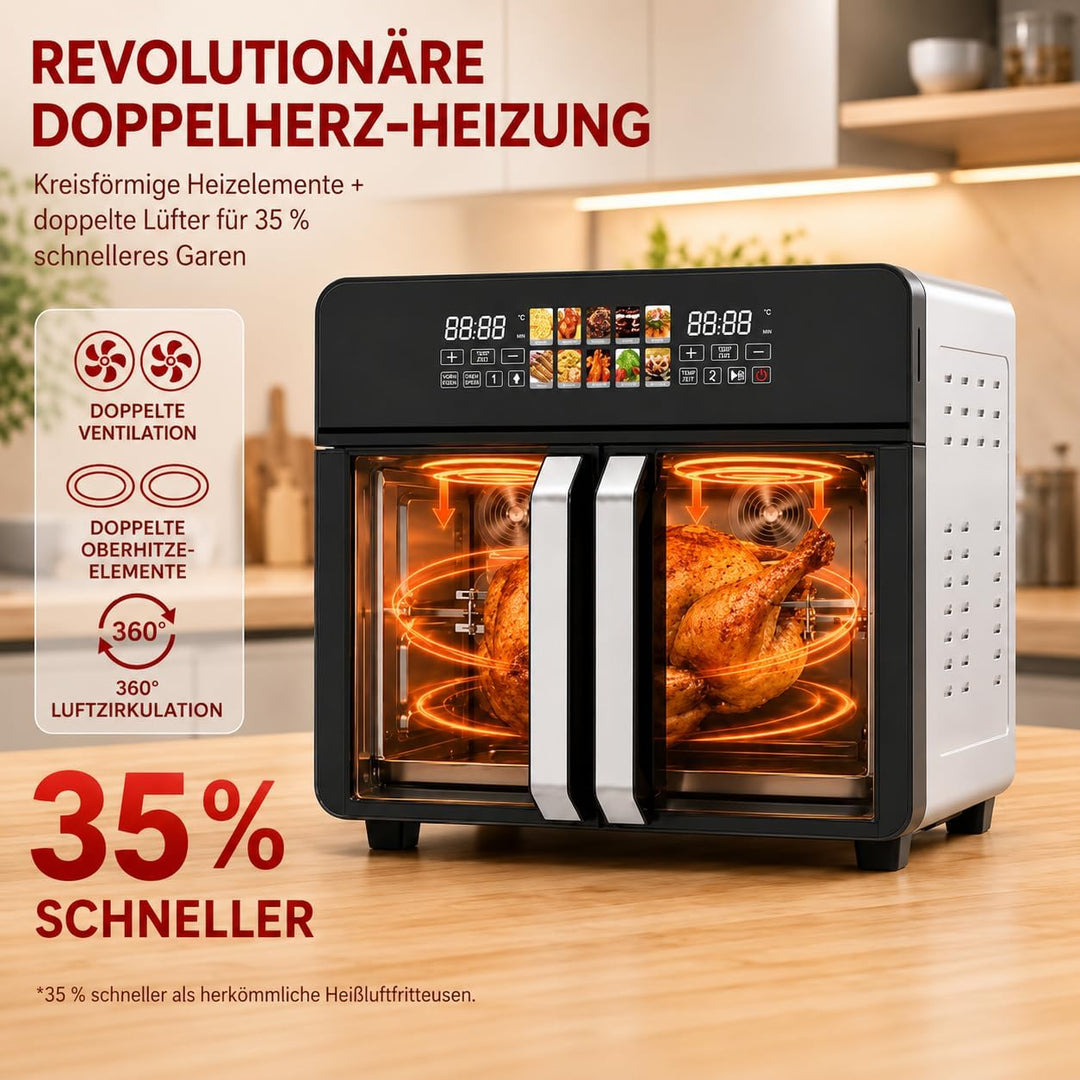 Royal Swiss Airfryer Oven XXL 23 L 2400 W, Heissluftfritteuse mit Doppeltür, 10 Programme, LED Displ