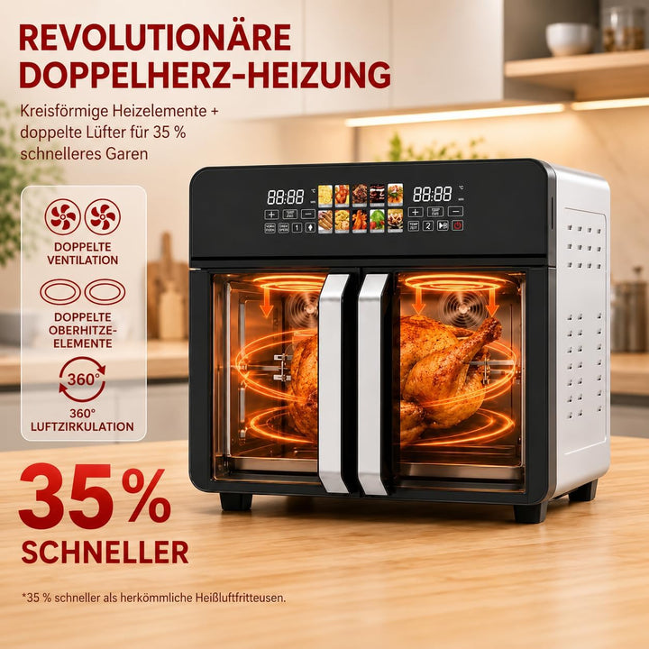 Royal Swiss Airfryer Oven XXL 23 L 2400 W, Heissluftfritteuse mit Doppeltür, 10 Programme, LED Displ