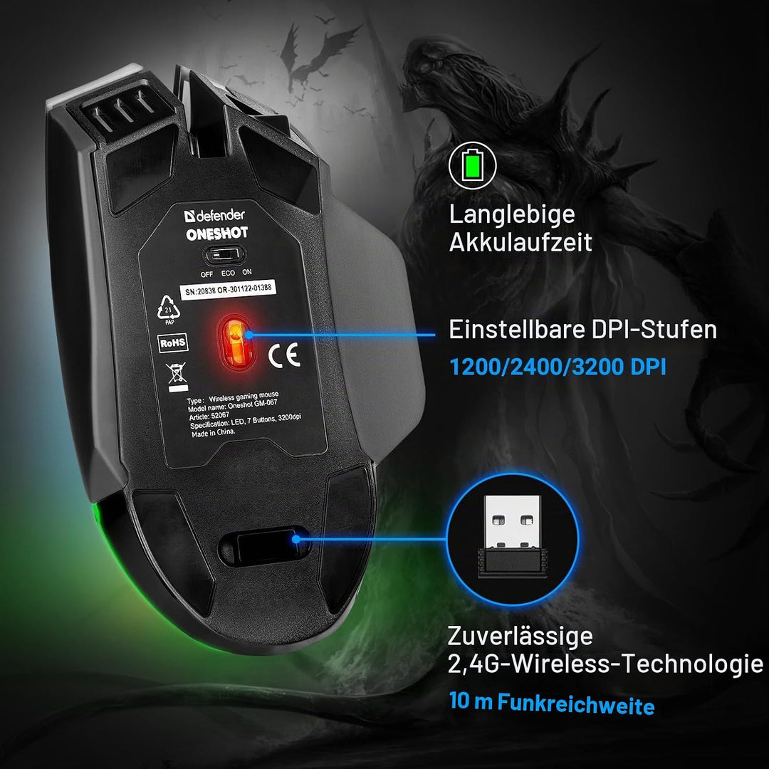 Defender® Oneshot Gaming Maus Kabellos – 2.4 GHz Wireless, 3200 DPI, RGB, 5 Programmierbare Tasten,
