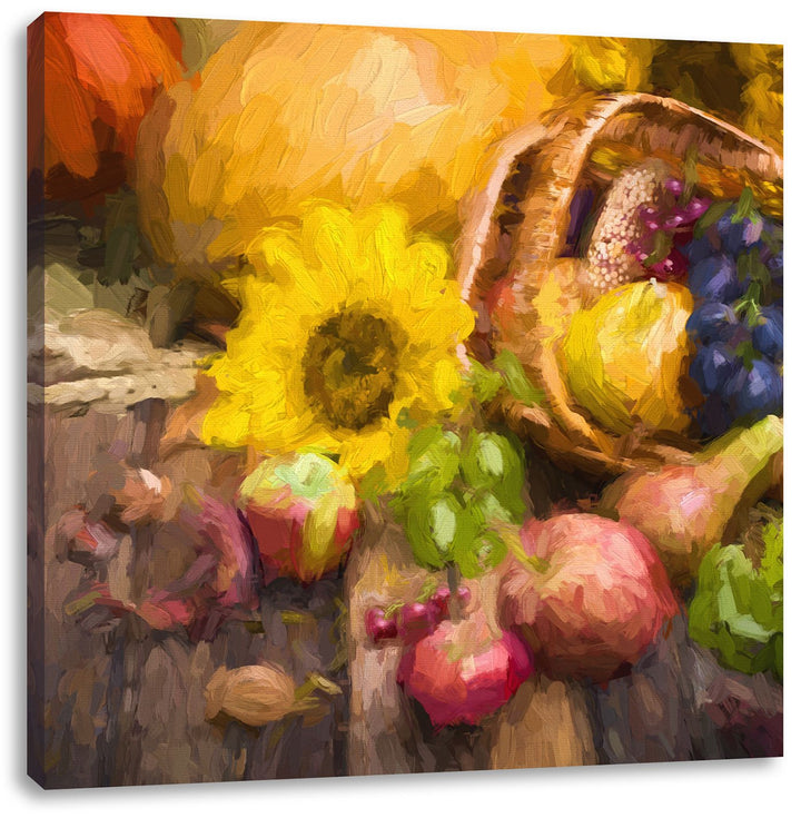 Pixxprint Herbstlicher Obstkorb Pinsel Effekt, Format: 70x70 auf Leinwand, 70x70