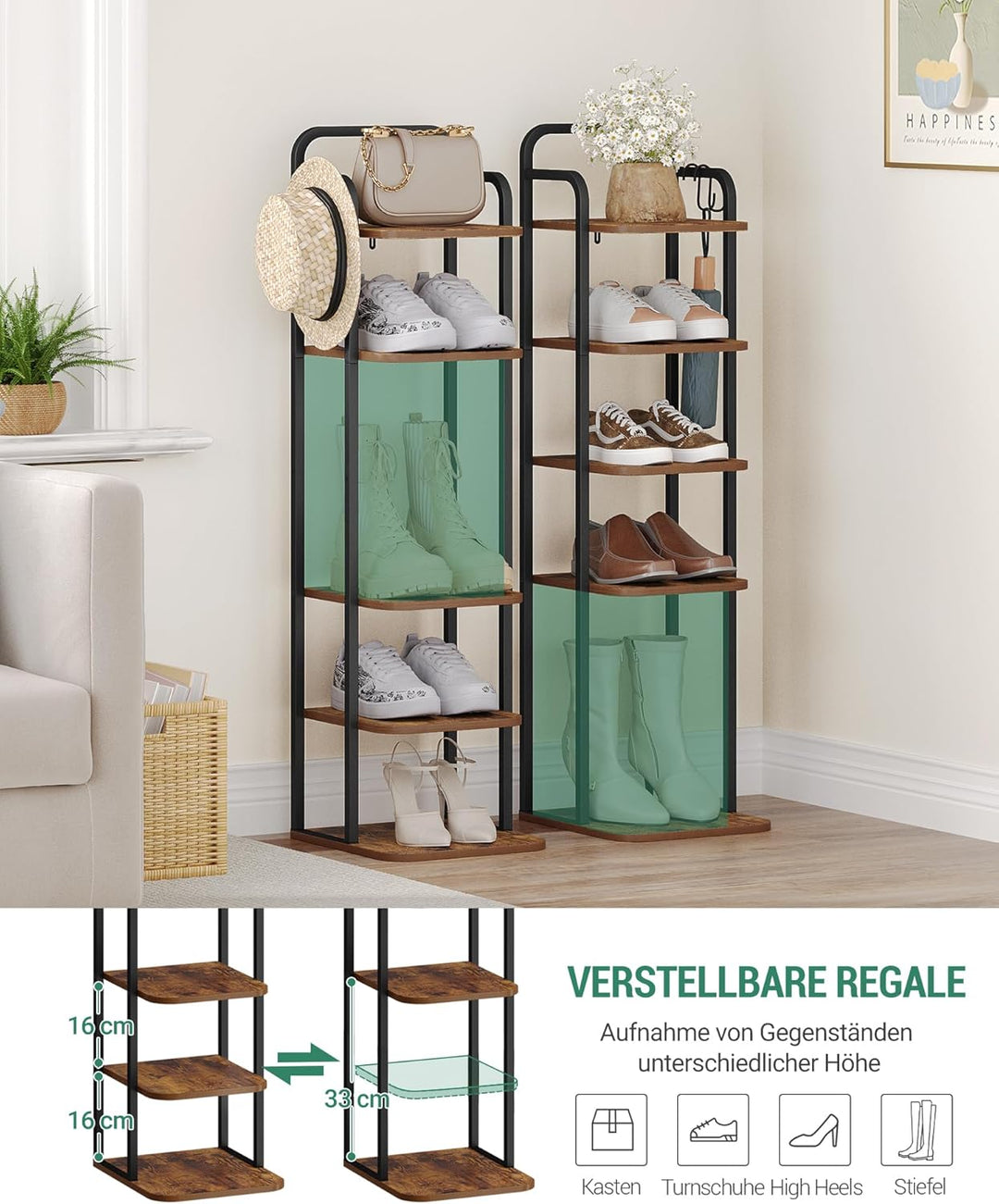 Hzuaneri Vertikales Schuhregal, 6-stöckige Schuhregale, Holz-Schuh-Organizer für Schrank, Eingang, S