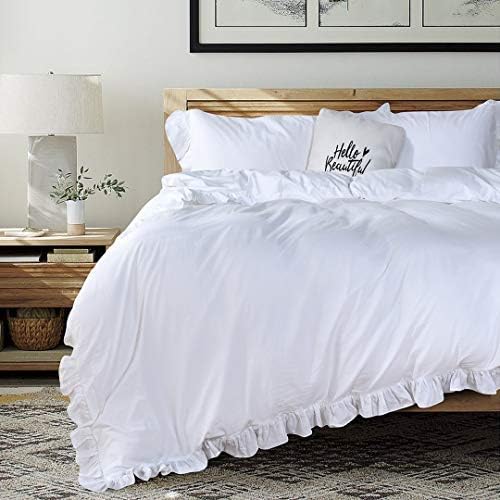 QSH Weisser Rüschen-Bettbezug für Queen-Size-Betten, 100 % gewaschene Baumwolle, Bauernhaus, Shabby-