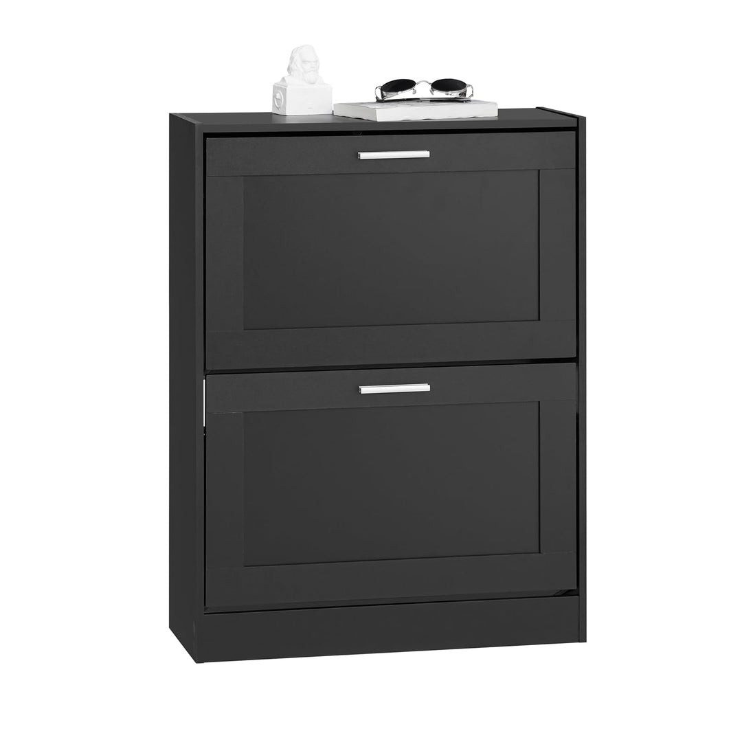 SoBuy Schuhschrank schmal mit 2 Klappen 60x80x25cm für Flur Schwarz Schuhregal - 2 Klappen, Schwarz