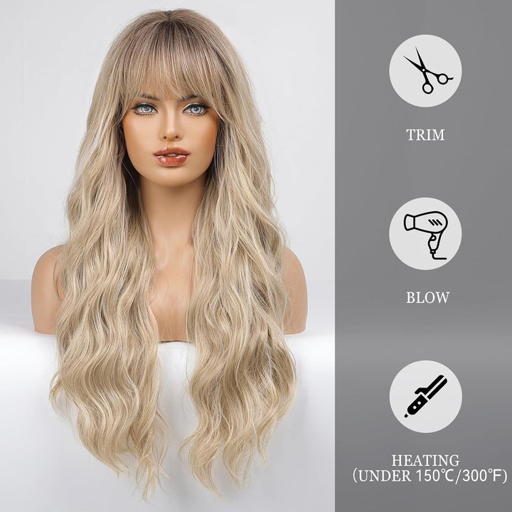 HAIRCUBE Ombre Blonde Perücke, lange lockige Perücke mit Pony, natürliche Erscheinung, hitzebeständi