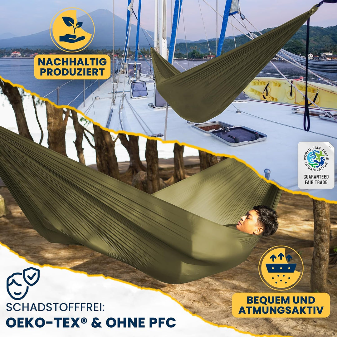 Fair Trade &amp; handgemachte Compact-Leicht-Hängematte ARMEEGRÜN für Reisen, Camping und Alltag, 3,2 *