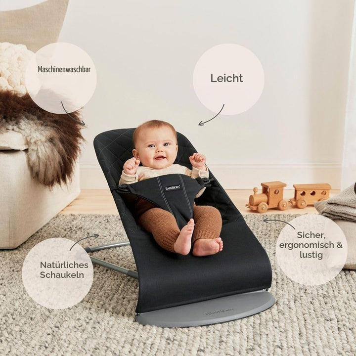 BabyBjörn Babywippe Bliss, Gewebt, Klassische Steppung, Schwarz Schwarz Gewebt, Klassische Steppung,