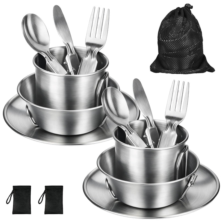 Campingbesteck Set für 2 Personen - Camping Geschirr Set mit Edelstahl Faltbares Klappbesteck &amp; Etui