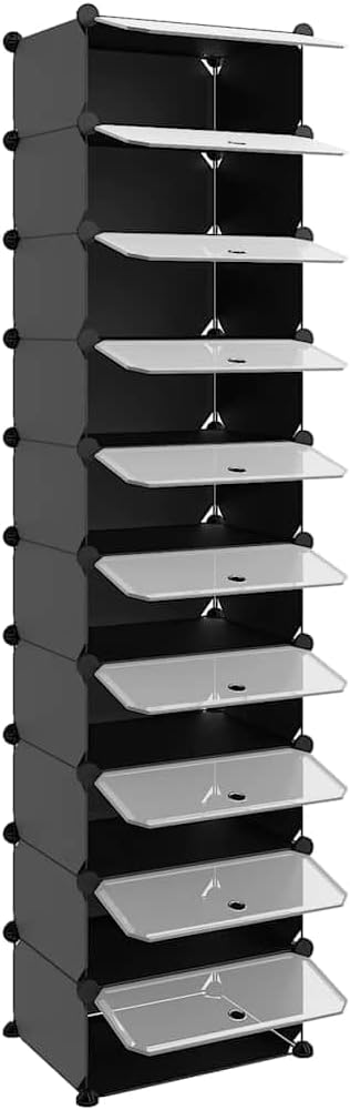 Schuhregal Schwarz 44x32x174 cm mit 11 grossen und 20 kleinen PP-Platten, faltbar und stapelbar, ide