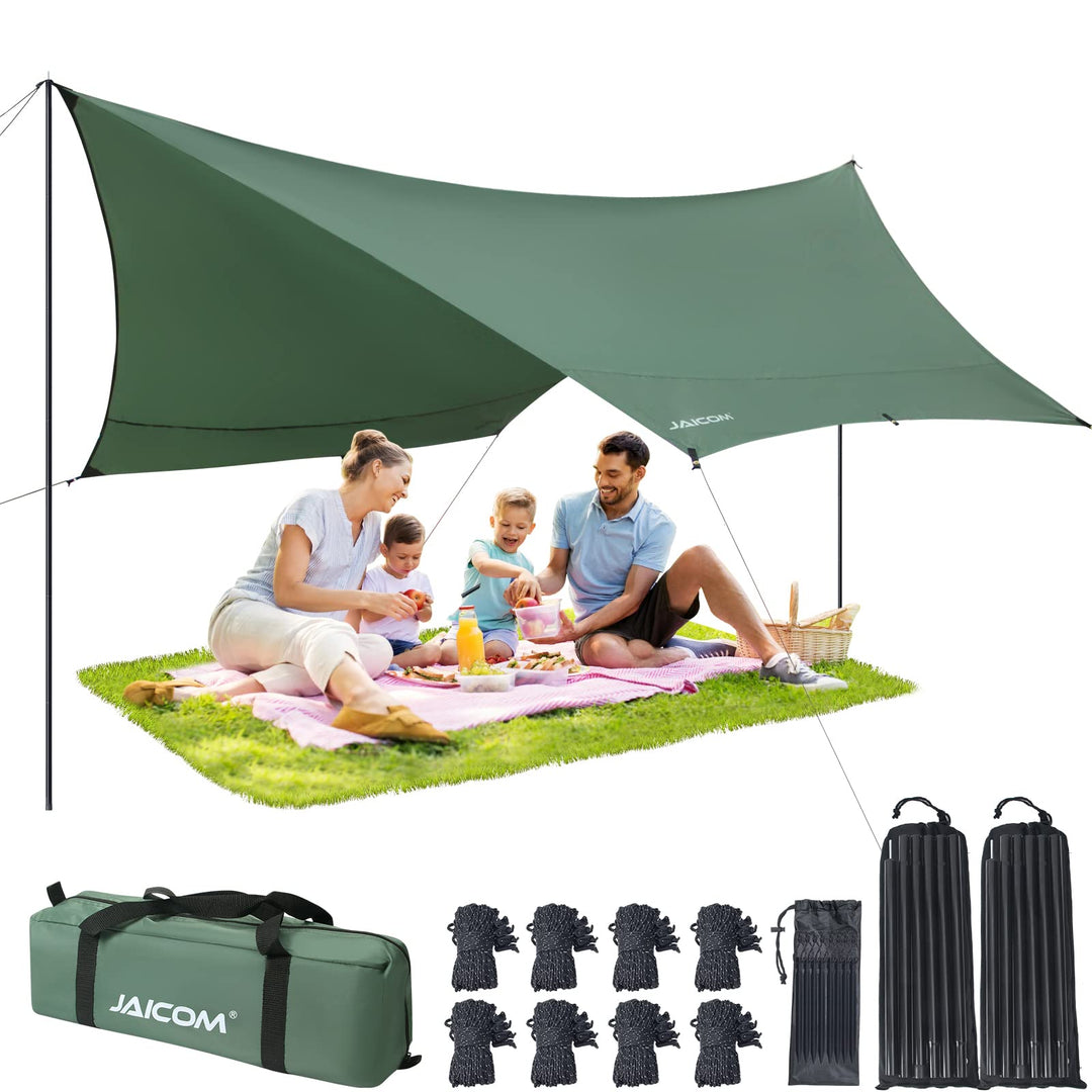 JAICOM Tarp 3,7 x 4,3 Wasserdicht, Ultraleicht Zeltplane Mit Stützstangen, Ösen, Aluminiumstiften, N