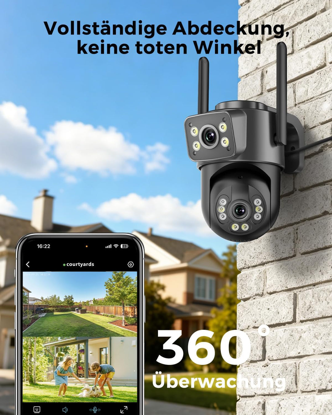 Reobiux 2K Überwachungskamera Aussen mit Doppelobjektiv, PTZ IP Kamera Überwachung Aussen, WLAN Kame