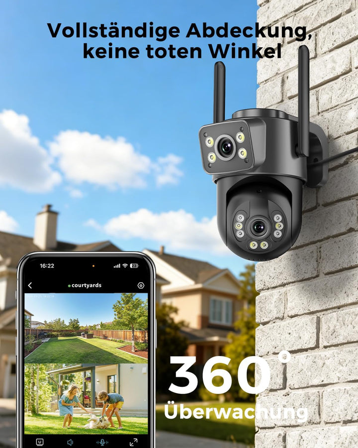 Reobiux 2K Überwachungskamera Aussen mit Doppelobjektiv, PTZ IP Kamera Überwachung Aussen, WLAN Kame
