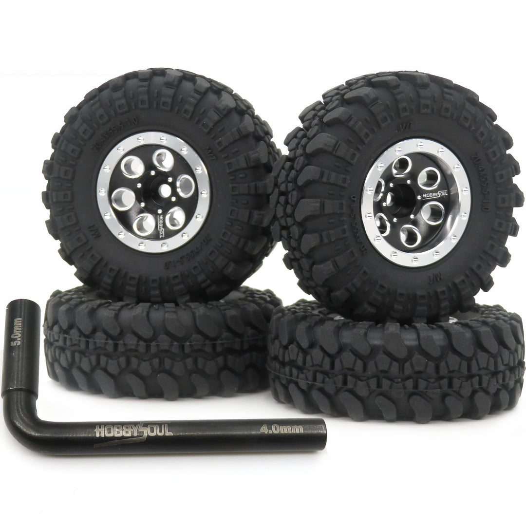 hobbysoul RC 1/24 Reifen und schwere verstellbare Offset 1,0 Beadlock Räder Silber Schwarze Felgen,