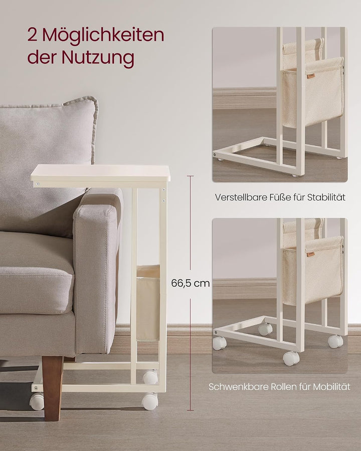 VASAGLE Beistelltisch, Sofatisch mit Rollen, C Form, Couchtisch klein, Stofftasche, verstellbare Füs