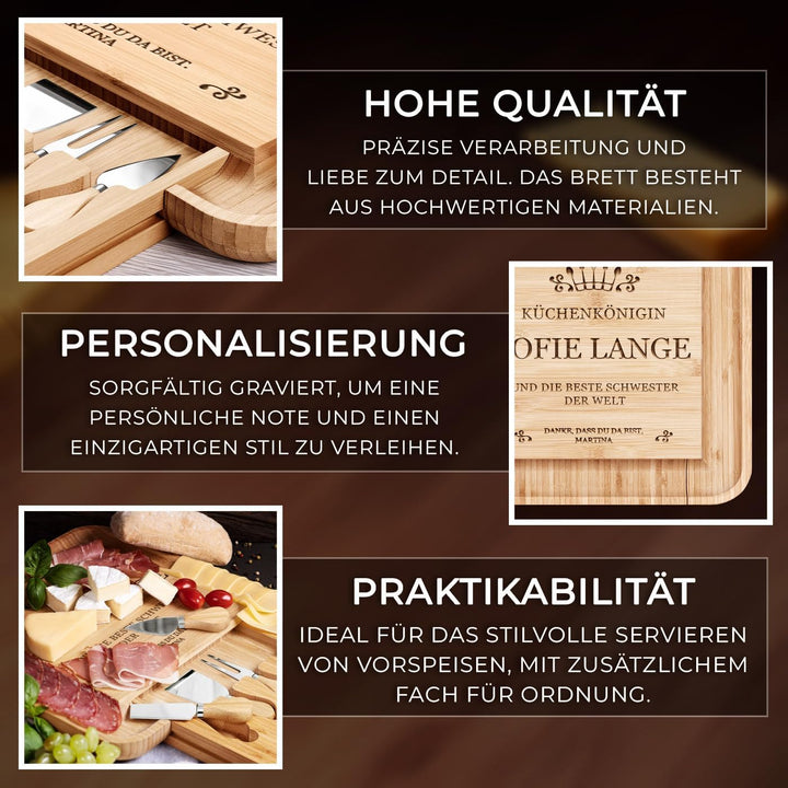 Maverton Käsebrett Servierplatte mit Gravur + 4er Käsemesser Set, aus Holz Küchenkönigin, Küchenköni