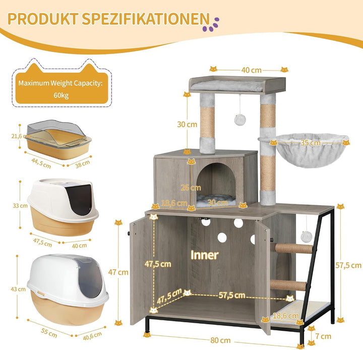 Hzuaneri Kratzbaum mit Katzenklo-Schrank, Katzenschrank, 4-in-1 Modernes Katzenhaus mit Grosser Plat